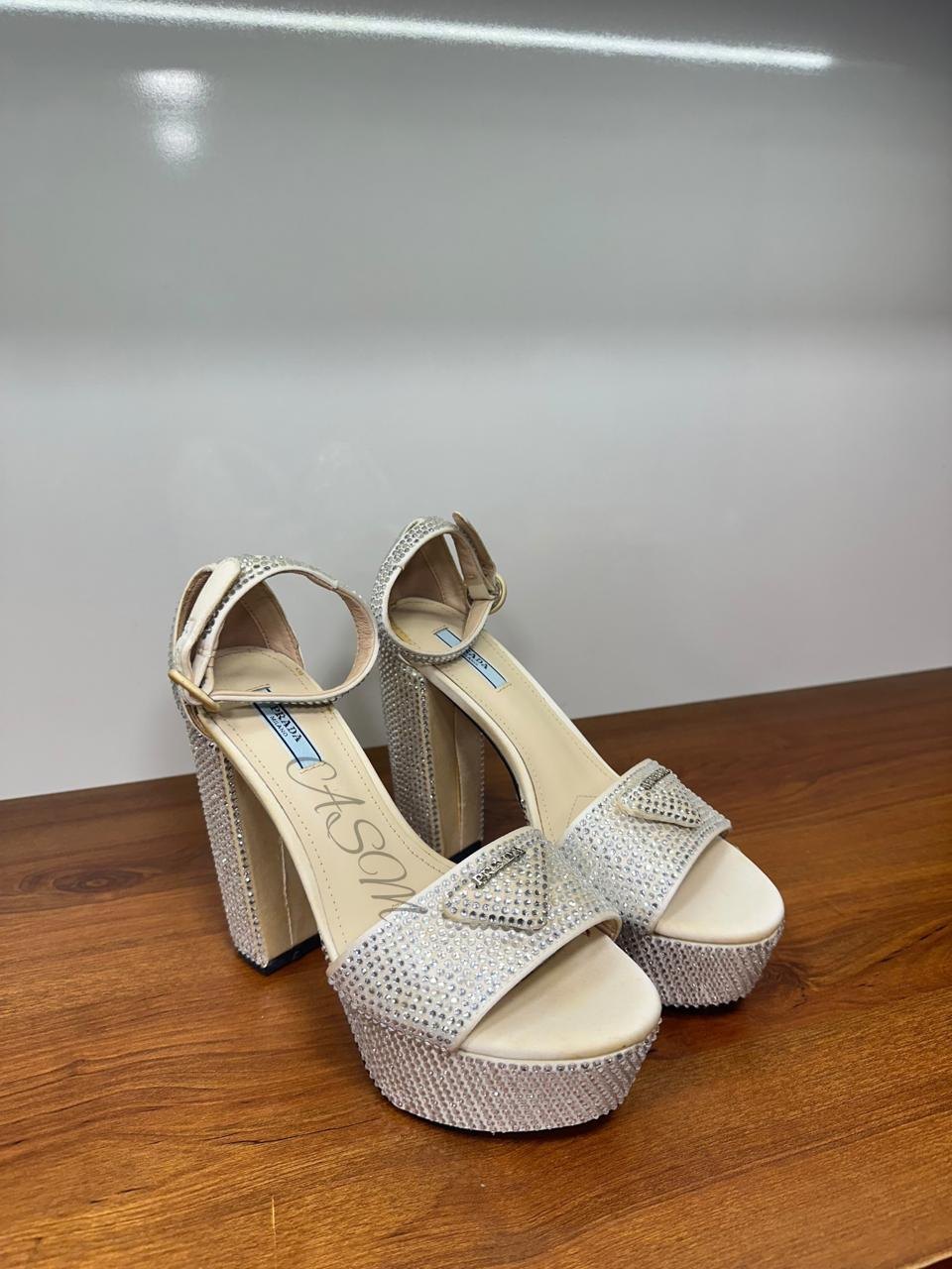 Prada Crystal-Embellished Satin Platform Sandals