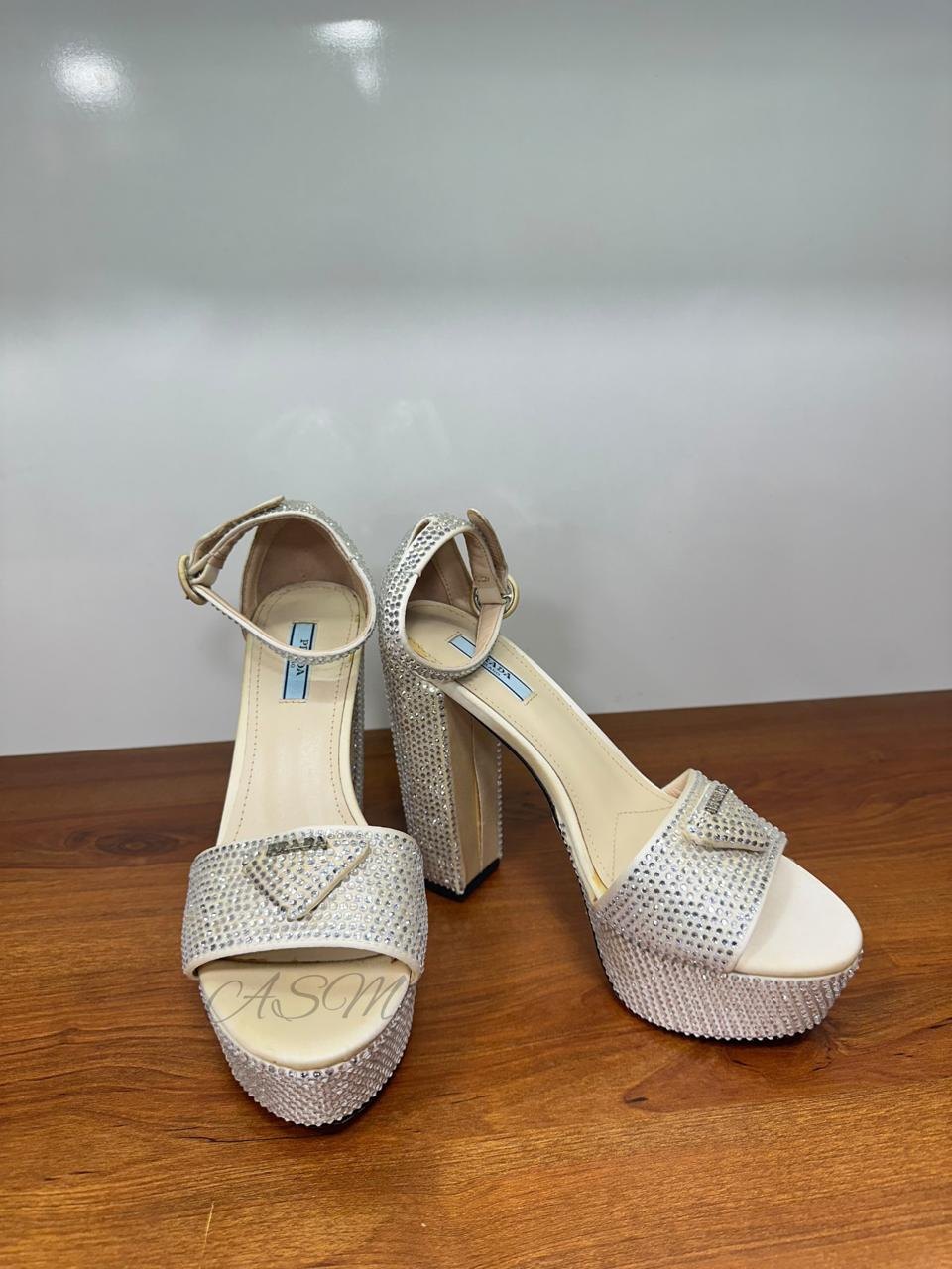 Prada Crystal-Embellished Satin Platform Sandals