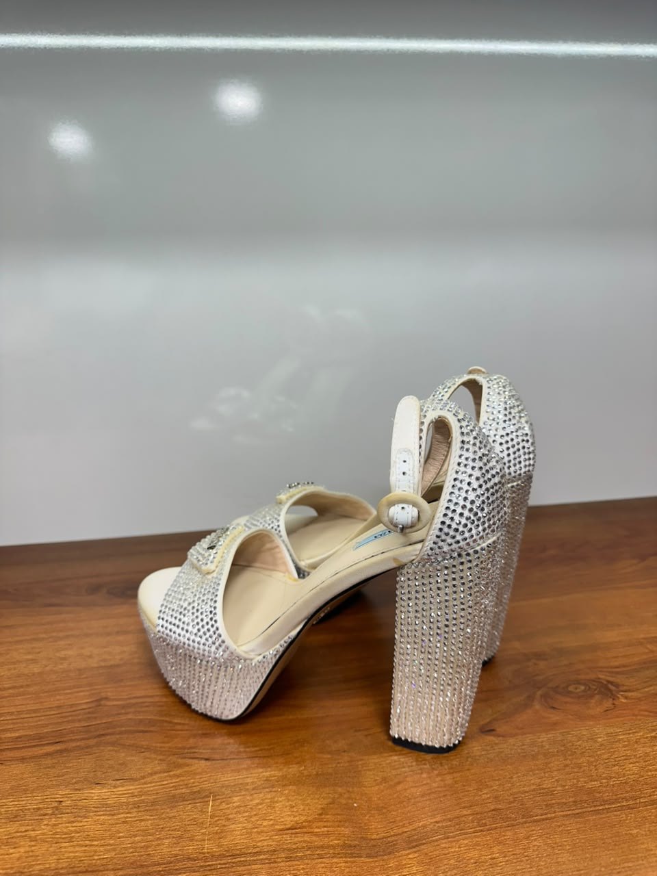Prada Crystal-Embellished Satin Platform Sandals